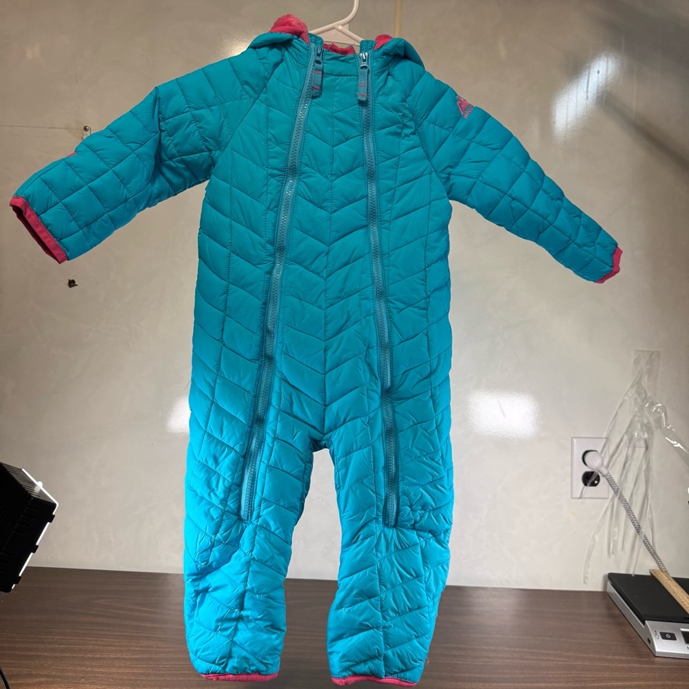 Snozu Toddler Snowsuit 24M Teal Pink Faux Fur Fleece Lined Winter One Piece VGC